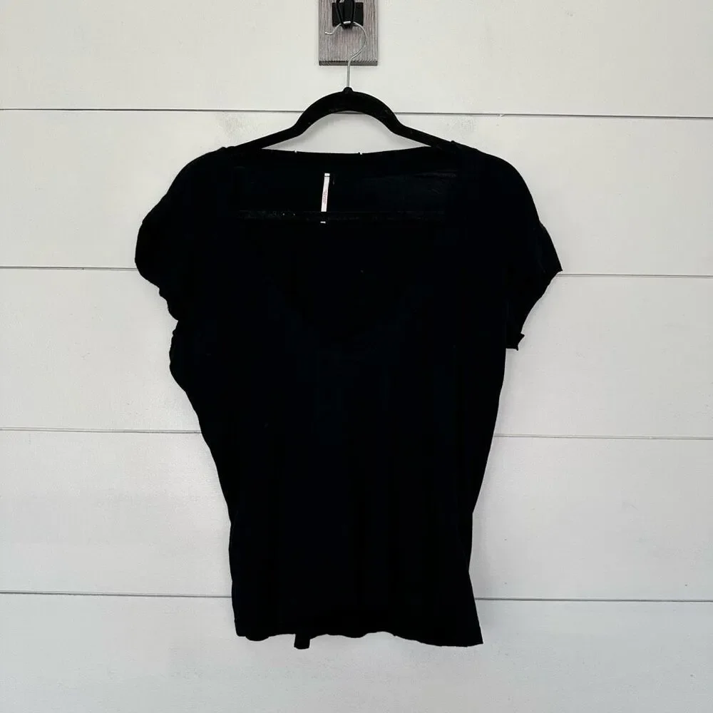 DONATE Free People Women’s Small Black Distressed Short Sleeve Tee - Picture 1 of 6